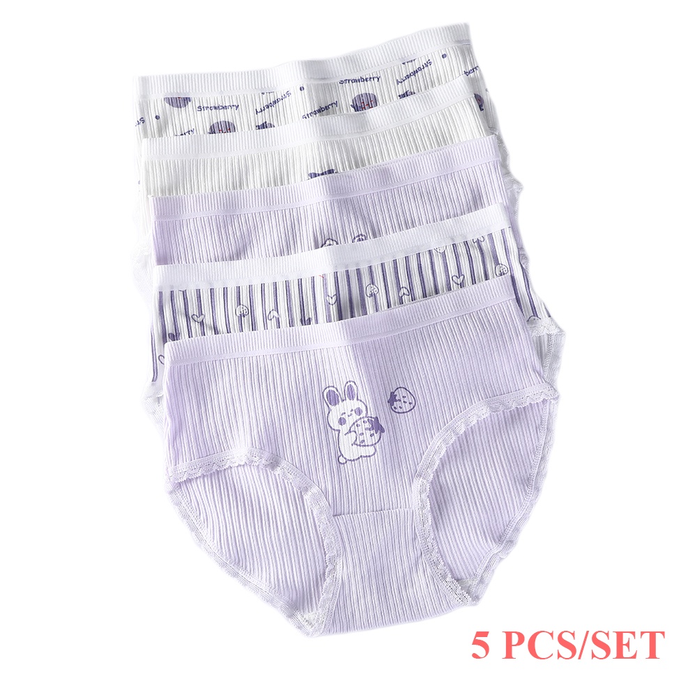 Bộ 5 Quần Lót Cotton Aijolen Lưng Vừa In Họa Tiết Thỏ Hoạt Hình Màu Tím Phong Cách Nhật Bản Dễ Thương Cho Nữ