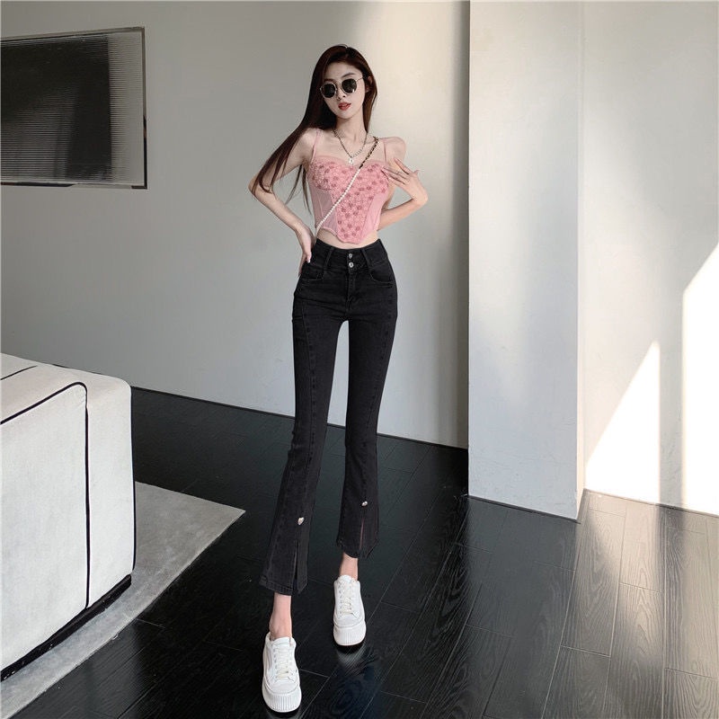 Jiashucheng Quần Jean Ống Loe Dài Tới Mắt Cá Chân Eo Cao Ôm Dáng Thiết Kế Xẻ Tà Phong Cách Mùa Hè Mới Cho Nữ