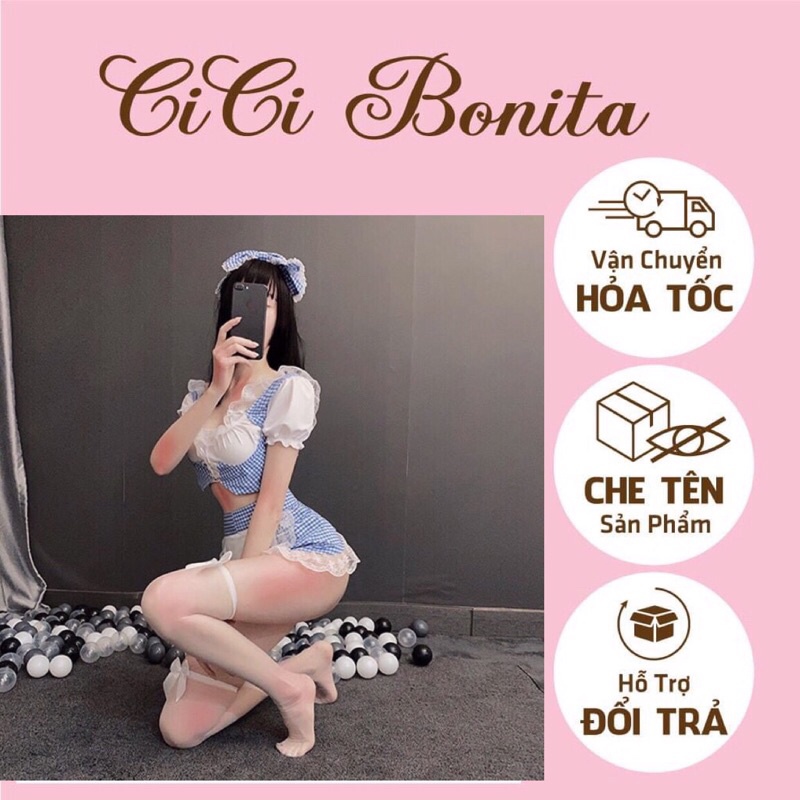 Váy ngủ cosplay hầu gái sexy caro xanh gợi cảm CICI BONITA