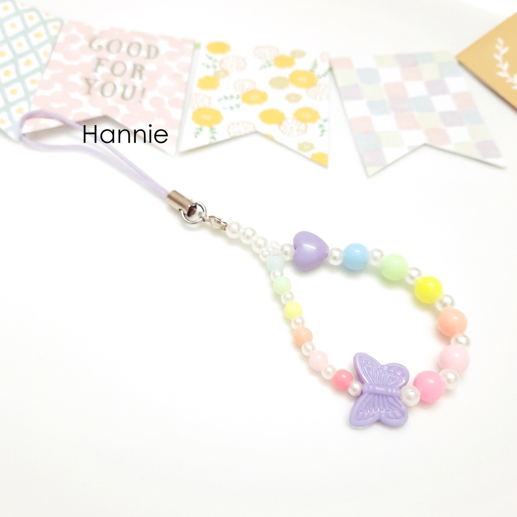 (Tím/Cam/Hồng/Xanh/Vàng) Móc khóa hạt trai pastel bướm - Phụ kiện dây treo điện thoại túi xách balo chìa khóa handmade