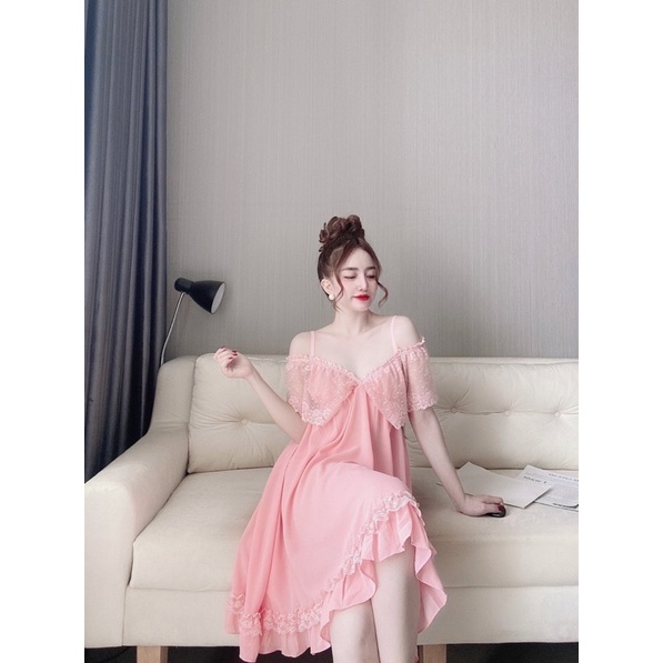 Váy ngủ tiểu thơ sexy siêu phẩm bẹt vai Voan Hàn Cao Cấp.
