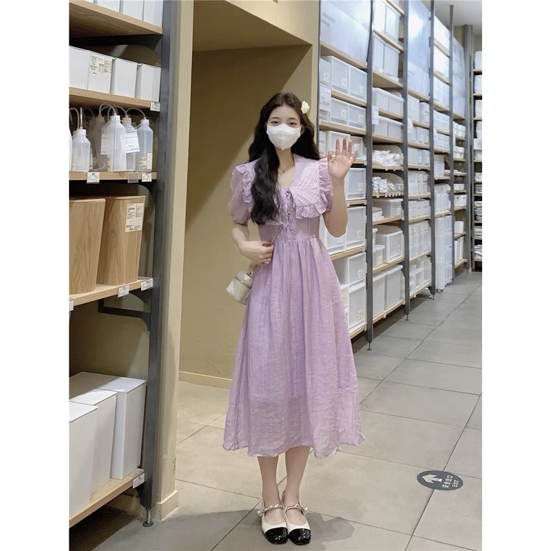Váy tiểu thư đũi nhăn cổ sen bèo buộc dây cúc ngọc dáng xòe, đầm đũi suông dài dáng xòe xinh Kozoda D80