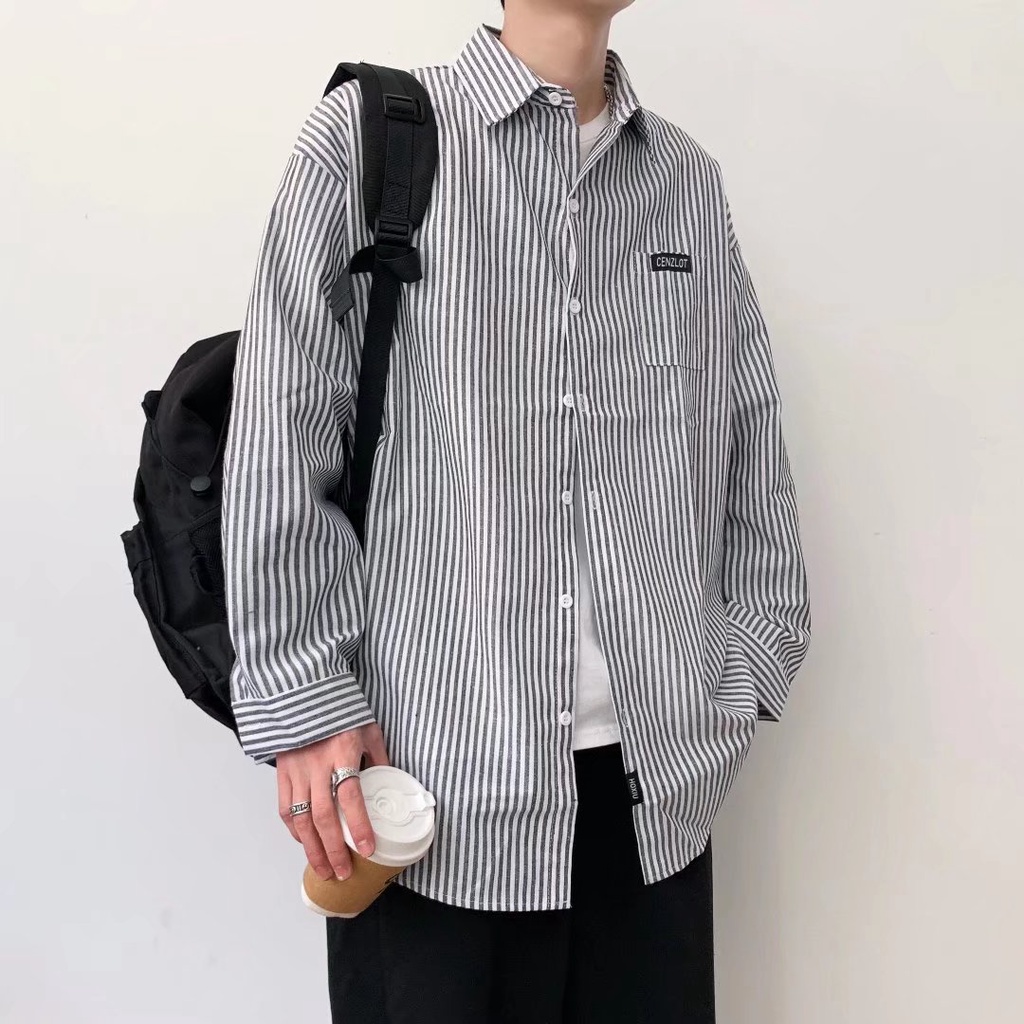 Áo Sơ Mi nam Sọc Cổ Đứng Tay Dài áo sơ mi xanh Oversize áo sơ mi kẻ sọc Phong Cách Hàn Quốc  áo sơ mi nam dài tay sơ mi nam