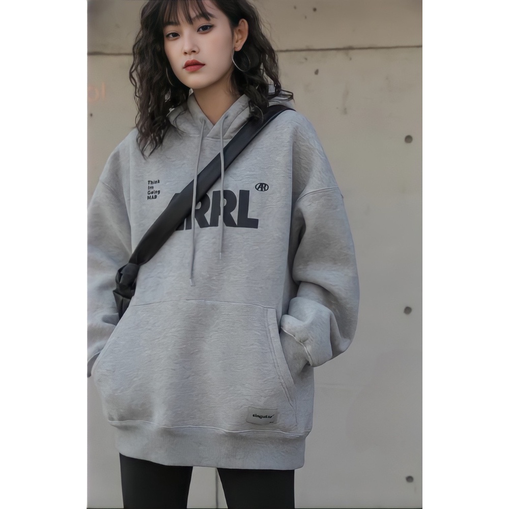 Áo Hoodie Nỉ Ngoại Dáng Unisex In Chữ ARRL Mũ Rộng Màu Xám