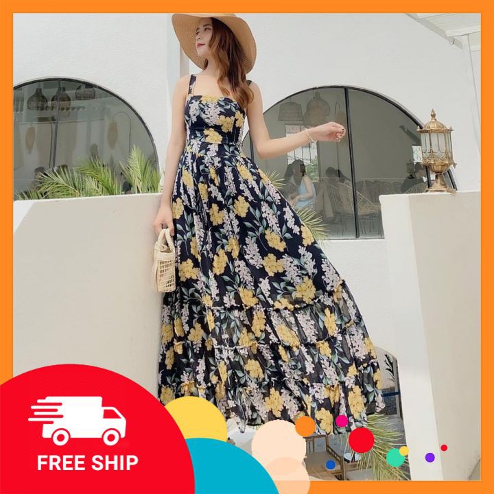 Váy maxi hoa 2 dây hở lưng ⚡𝗙𝗥𝗘𝗘 𝗦𝗛𝗜𝗣⚡ Maxi dáng xoè phối đuôi cá tầng cách điệu, bo chun eo giãn tốt, hàng QC cao cấp | BigBuy360 - bigbuy360.vn