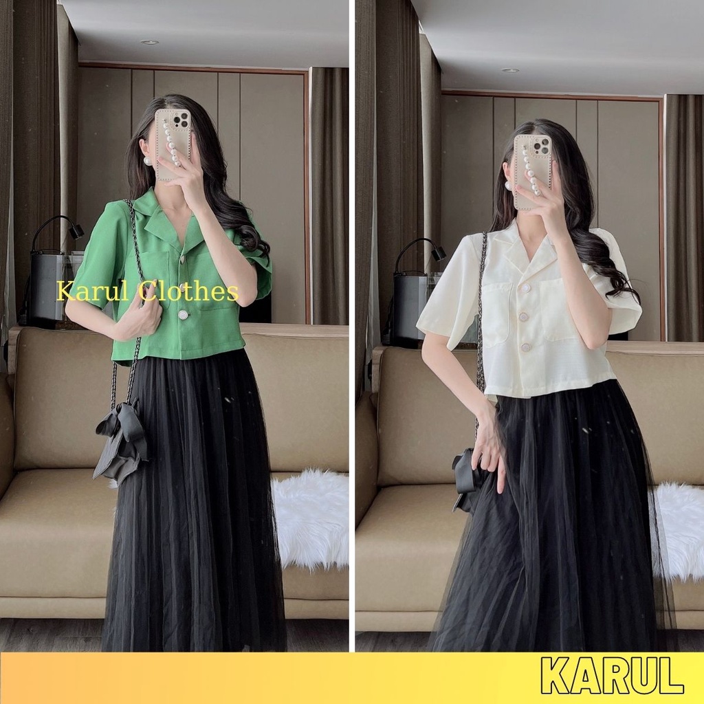 Áo sơ mi nữ dáng ngắn 3 cúc phôi 2 túi ngực sâu , áo sơ mi nữ phối 2 túi sâu 3 cúc kiểu dáng Hần quốc D598