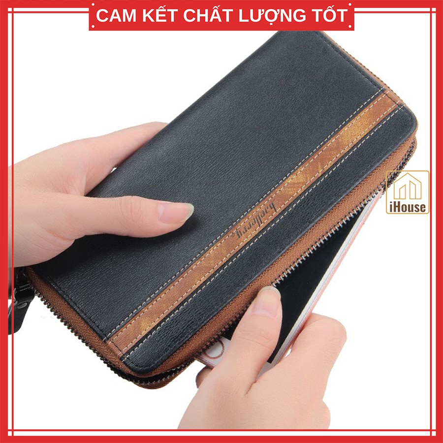 Ví cầm tay nam cao cấp Baellerr.y, Cluth clutch cầm tay nam nữ dáng bóp dài màu nâu và xanh xám siêu đẹp và chất