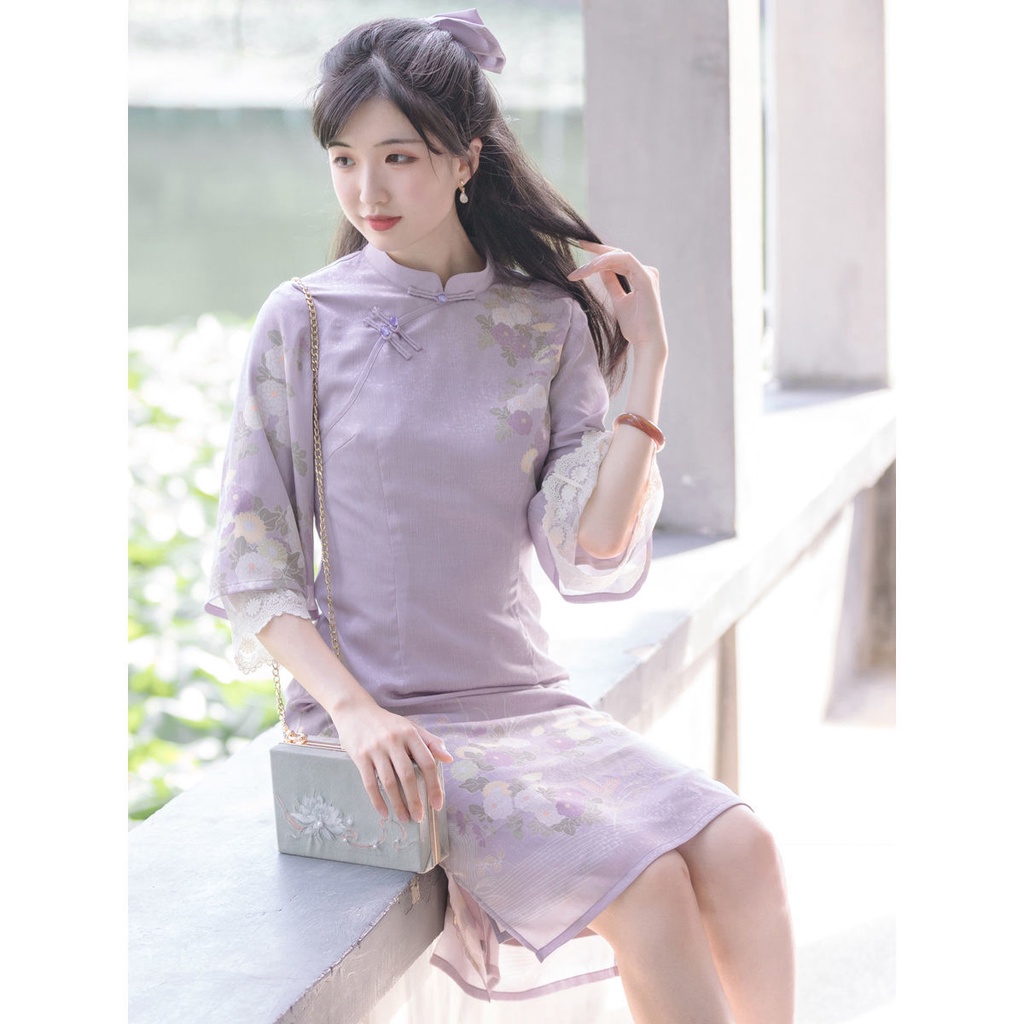 Nianlu Đầm Sườn Xám In Họa Tiết Phong Cách Trung Hoa Cho Nữ