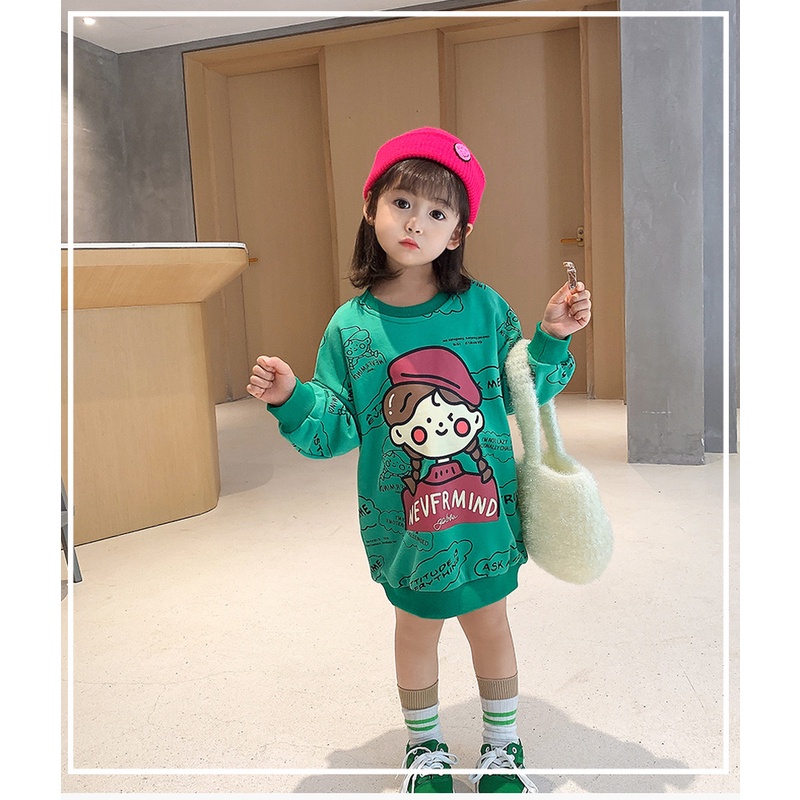 Đầm Tay Dài Hoạ Tiết Hoạt Hình Cho Bé Gái 1-8 Tuổi