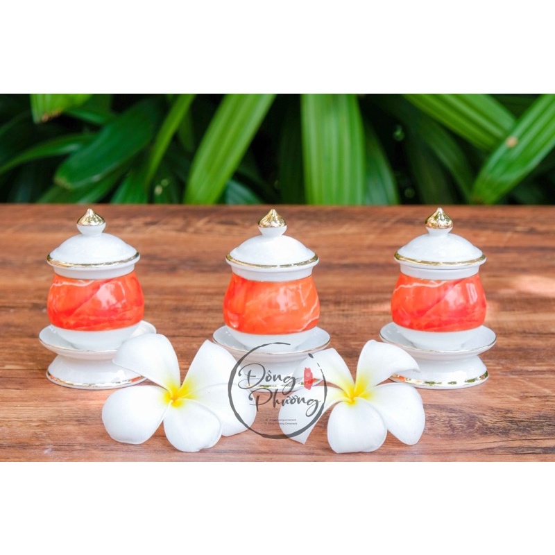 Bộ Đồ Thờ Cúng - Set Đồ Thờ Phụng Sứ Trắng Vân Đá Đỏ Cao Cấp