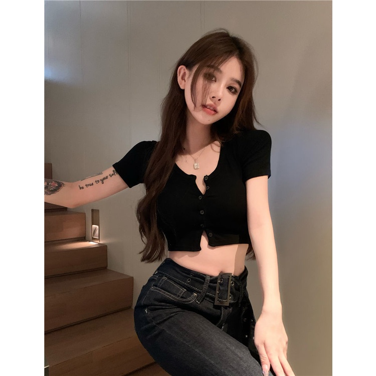 Áo Croptop Dệt Kim Tay Ngắn Cổ Chữ V Màu Trơn Phong Cách Hàn Quốc