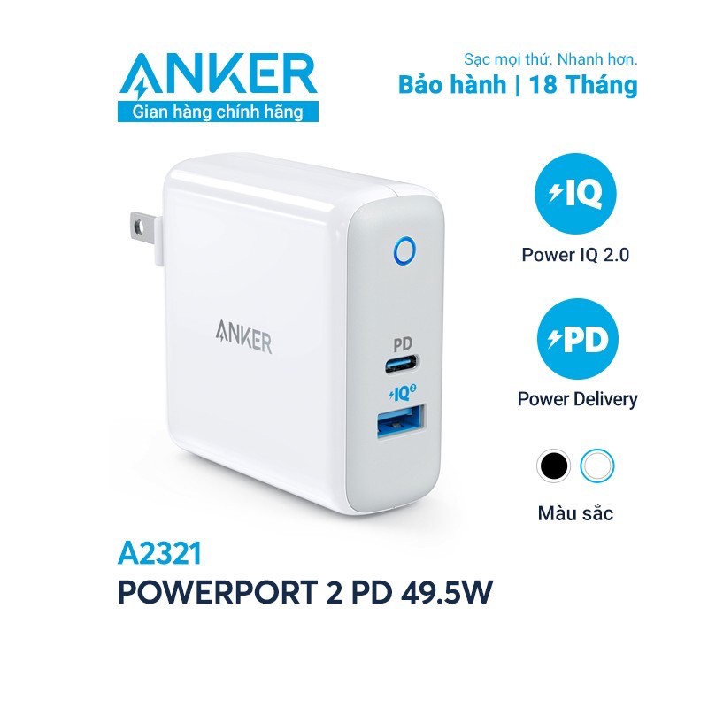 Sạc ANKER PowerPort II PD 49.5w (1 PD và 1 PIQ 2.0) - A2321 BH 18 Tháng Chính hãng Anker Việt Nam