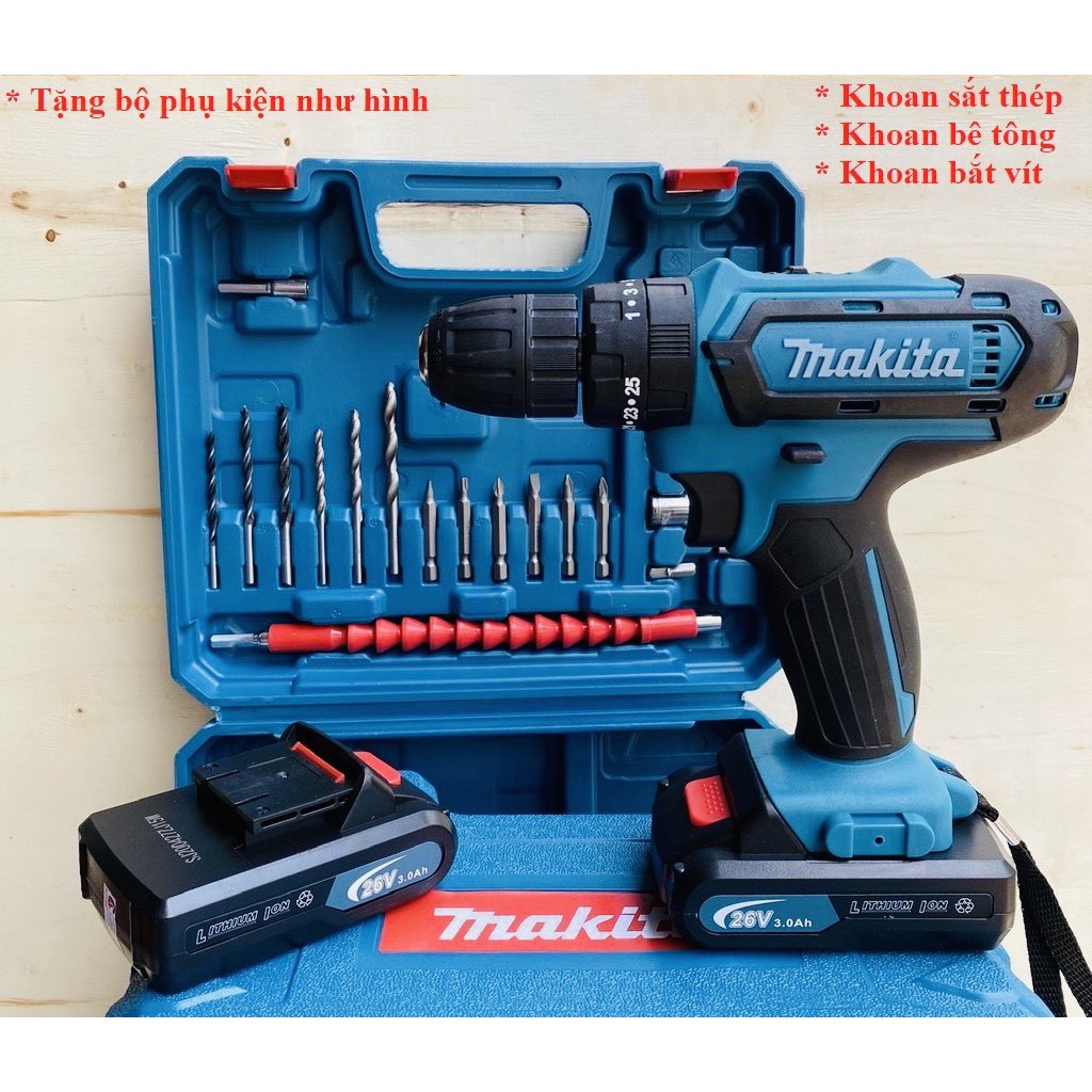 Máy khoan pin 98V loại 3 chức năng - Chuyên khoan tường, khoan sắt, khoan gỗ, bắt vít, Tặn kèm bộ phụ kiện 24 chi tiết