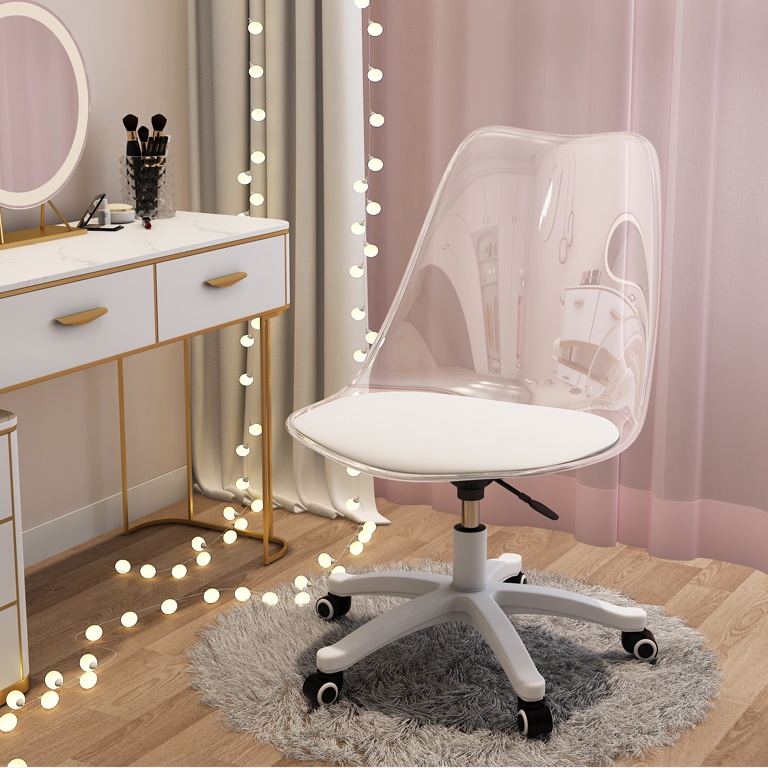 Ghế văn phòng có tựa lưng trong suốt, ghế nhựa acrylic nệm bọc simili cao cấp xoay 360 chân bọc nhựa có bánh xe