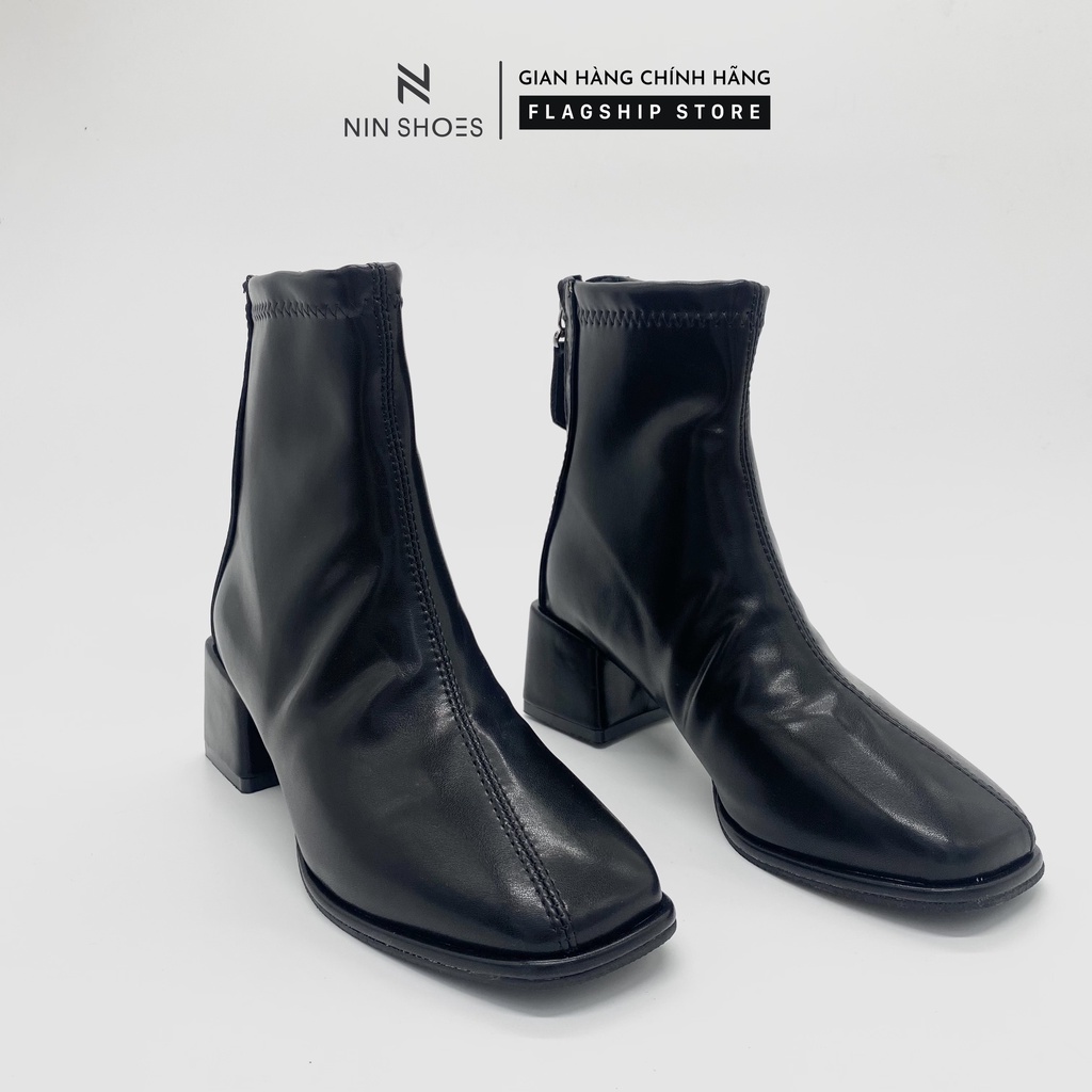 Giày Boot nữ 3p gót vuông chỉ gchéo kéo khóa sau da si Ninshoes | BigBuy360 - bigbuy360.vn