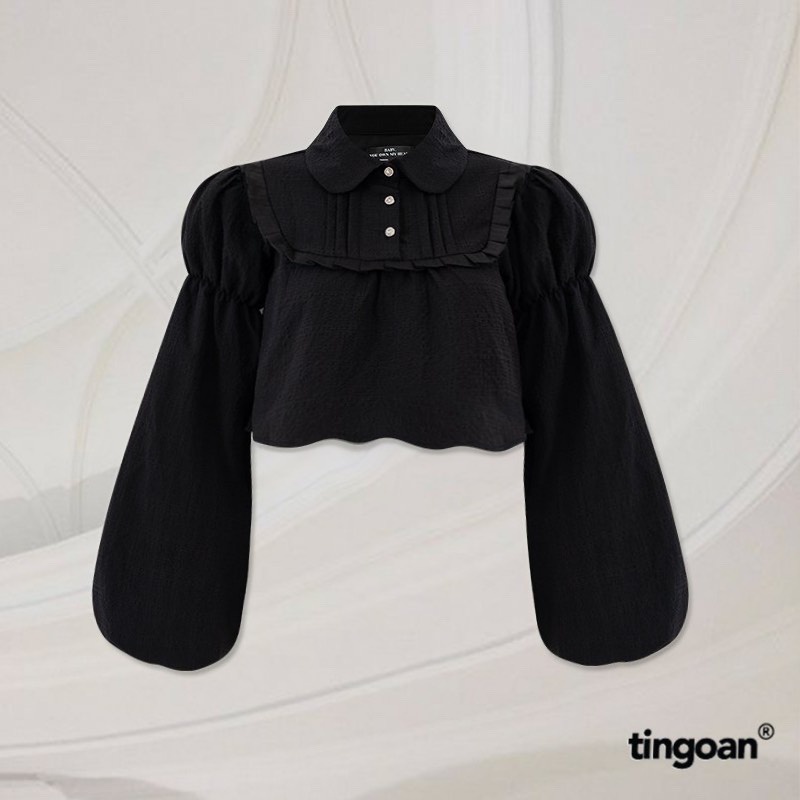 TINGOAN® - Áo somi crop lửng babydoll cổ chi tiết tay dài bồng 2 nấc đen PASTEL MIMI SHIRT/BL
