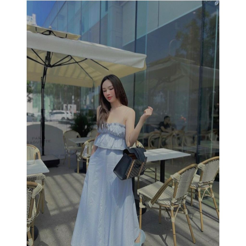 SET ÁO PEPLUM XANH BÈO 2 DÂY + CHÂN VÁY MIDI XÒE