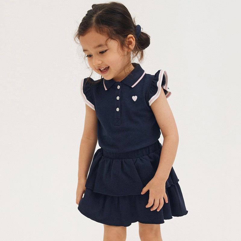 Bộ hè áo polo Hồng - Xanh chân váy xòe tầng cho bé gái 2-7 tuổi - Little Maven Chính Hãng