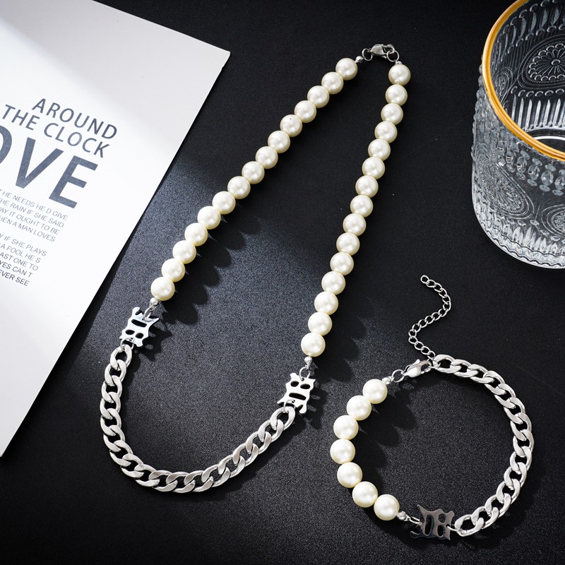 Vòng Cổ Choker / Vòng Đeo Tay Xỏ Ngọc Trai Nhân Tạo Dây Màu Bạc Phong Cách Hàn Quốc