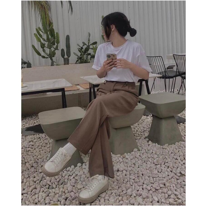 Quần Kaki Ống Rộng Nữ Meestore - Cullotes Màu Nâu Tây Dáng Suông Phong Cách Hàn Quôc