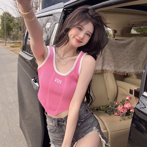 Jiashucheng Áo Dệt Kim Không Tay Màu Hồng Thiết Kế Không Đều Quyến Rũ Cho Nữ