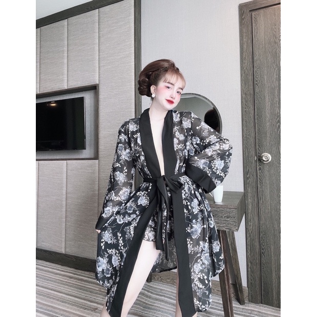 Đồ ngủ nữ sexy, váy ngủ nữ set choàng tay dài sexy gợi cảm quyến rủ chất voan bigsize dưới 65kg