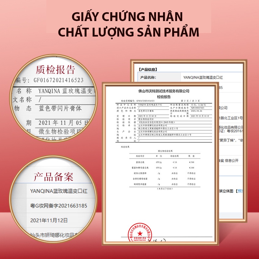 Son môi đổi màu Yanqina thay đổi màu theo nhiệt độ, thân son màu xanh dương đổi thành màu son hồng không trôi chống nước