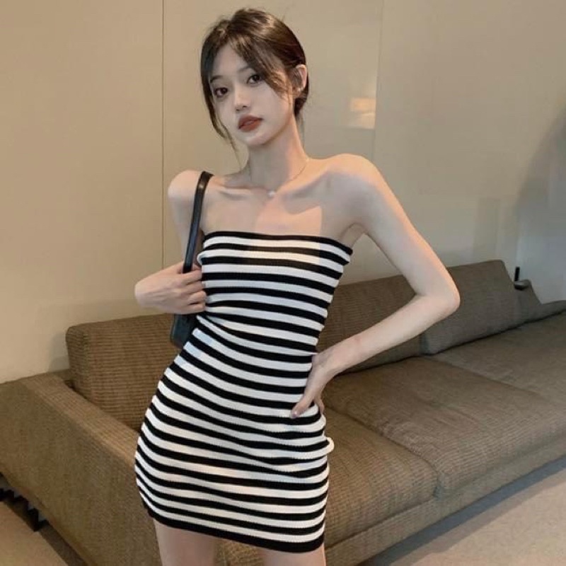 Đầm ống kiểu ngắn nữ dáng suông ôm sát body co dãn kẻ sọc ngang - Order taobao quảng châu