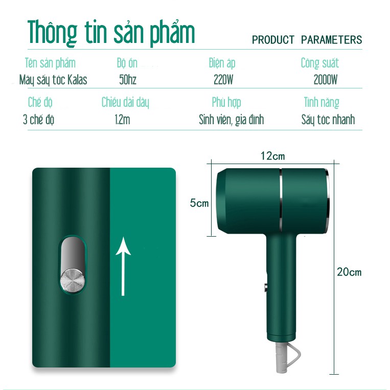 Máy Sấy Tóc Mini Ion Công Suất Lớn 2000W Tặng kèm Đầu Sấy Mỏ Vịt