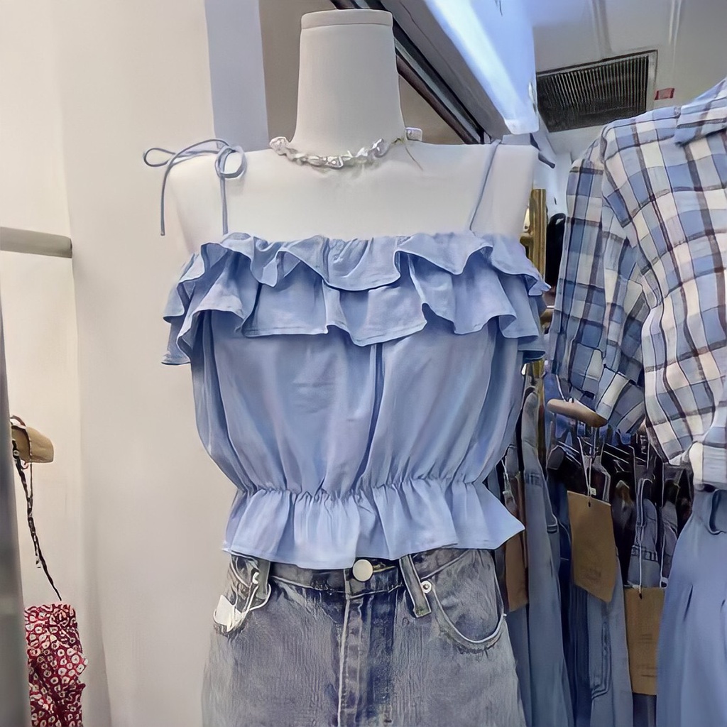 Áo Hai Dây Croptop Suông Tầng Bánh Bèo Vai Buộc Nơ - Áo 2 Dây Nữ Chun Eo Dúm Ngực Ulzzang