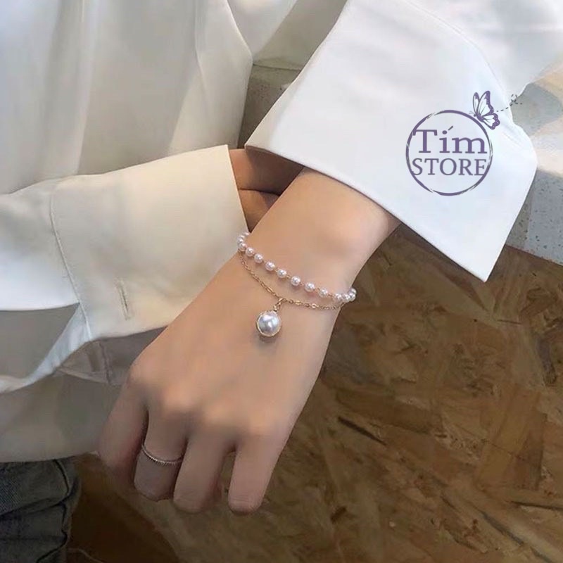 Vòng đeo tay 2 lớp ngọc trai nhân tạo phong cách TÍM STORE