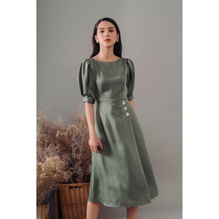 Đầm lụa tay phồng màu xanh Gunich