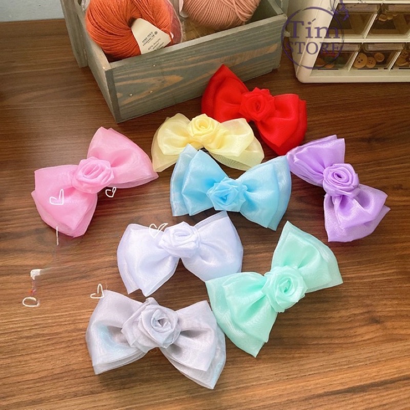Kẹp nơ tiểu thư hoa hồng voan handmade TIMSTORE phong cách hàn quốc