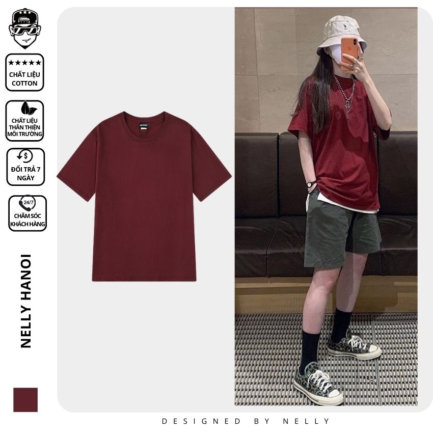 Áo thun tay lỡ NELLY phông Unisex nam nữ oversize form rộng đỏ đô trơn