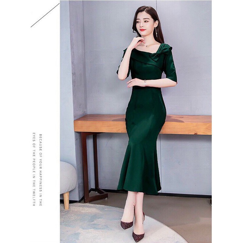 ĐẦM ÔM ĐUÔI CÁ ĐÍNH NƠ NỮ XANH ĐỎ HÀNG THIẾT KẾ CAO CẤP