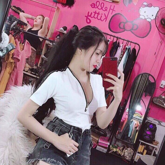 Áo thun tay ngắn phối dây kéo ngực sexy hot hit