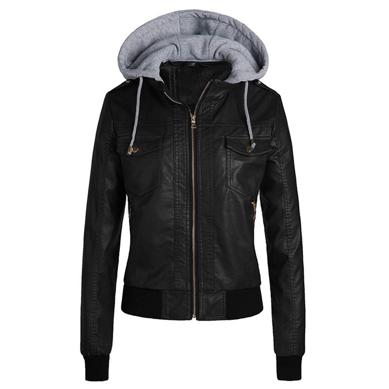 Winter Leather Jacket Hooded Detachable Zipper Jacket In Black Plus Size Leather