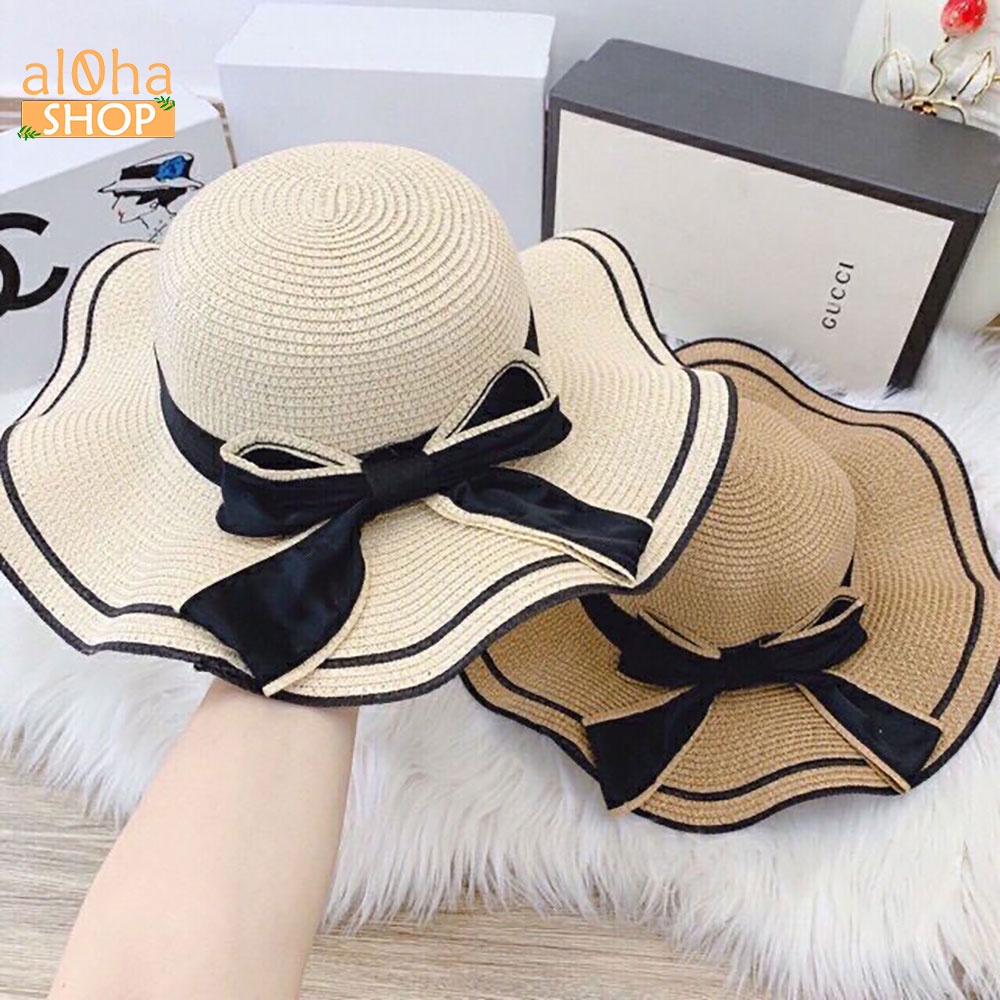 Mũ cói mềm thắt nơ - nón cói vành sóng viền đen chống nắng, đi biển phong cách
