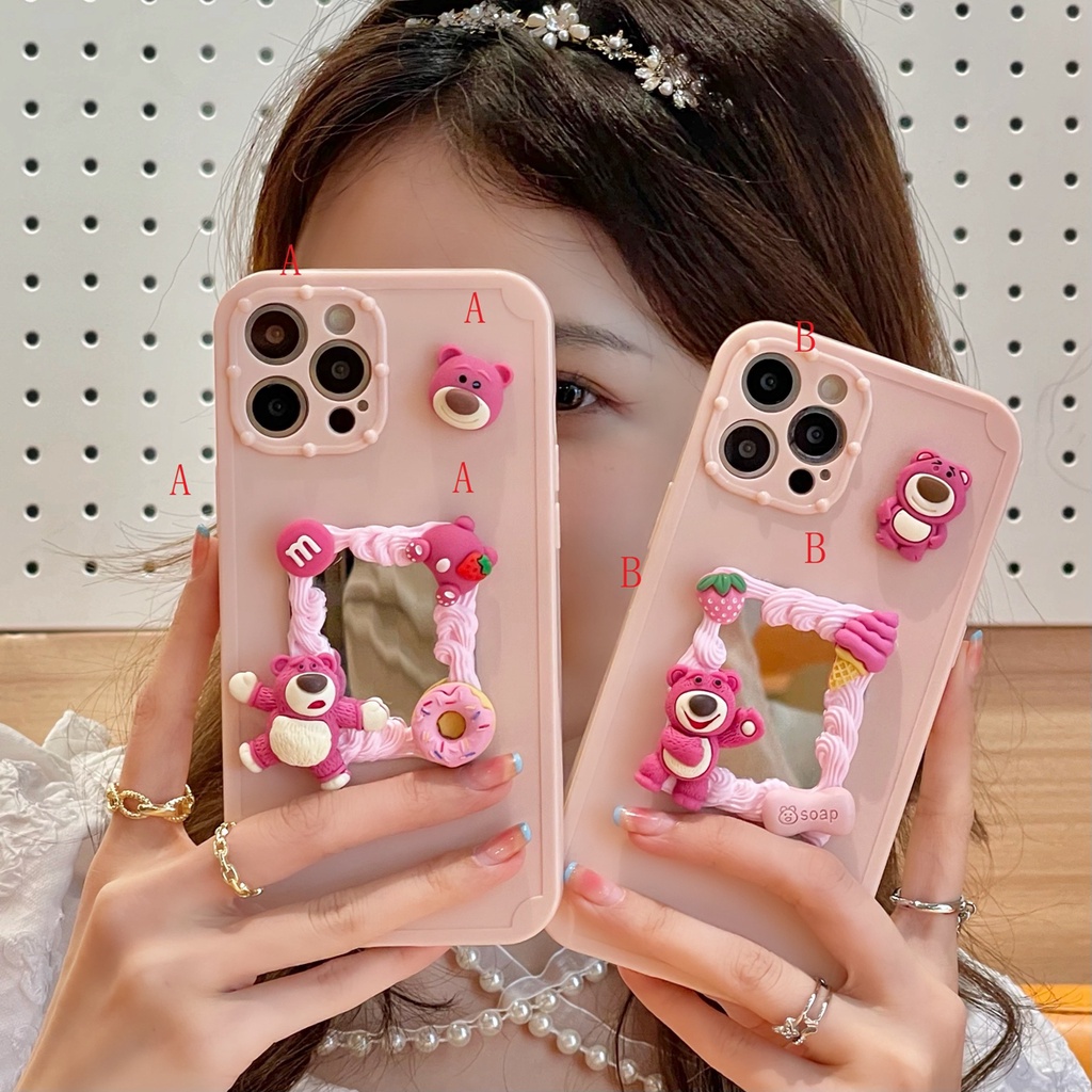 Ốp điện thoại TPU mềm có gương họa tiết gấu dâu tây/kem thích hợp cho iPhone 12 Pro Max 11 Pro Max Xs Max Xr X 7 8 Plus