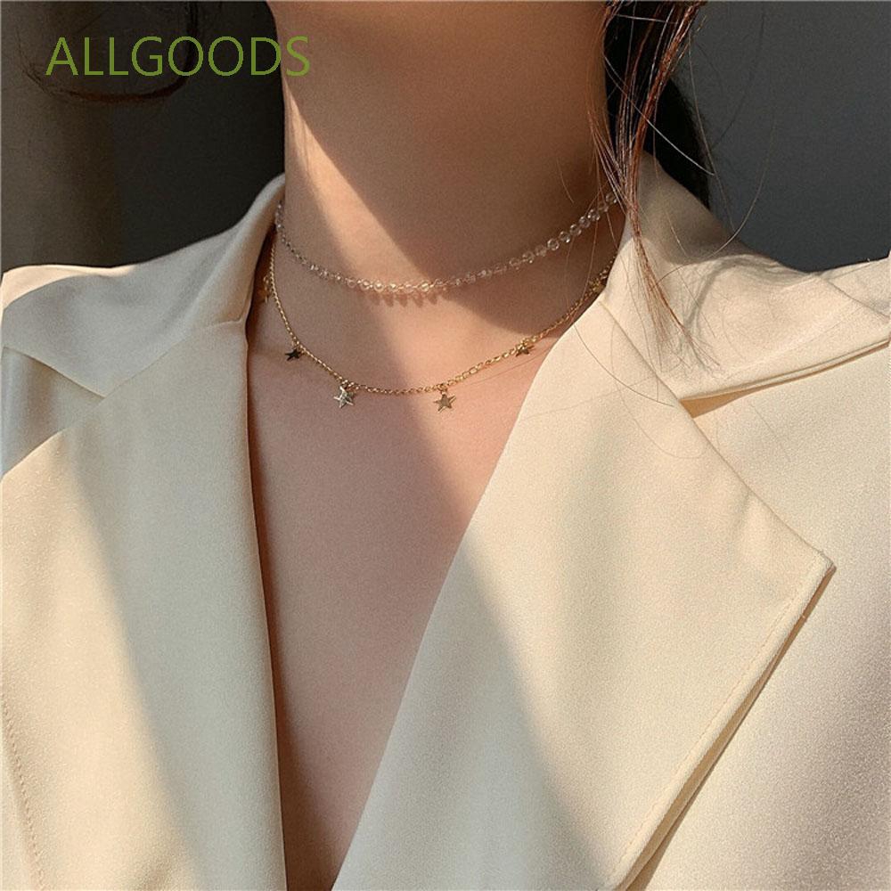 Dây chuyền choker nhiều lớp xâu hạt trong suốt gắn mặt hình ngôi sao