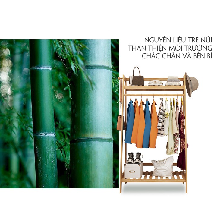 Giàn treo quần áo gỗ tre hiện đại kích thước 140*100*40 thiết kế 2 tầng để đồ 1 tầng treo mẫu mới