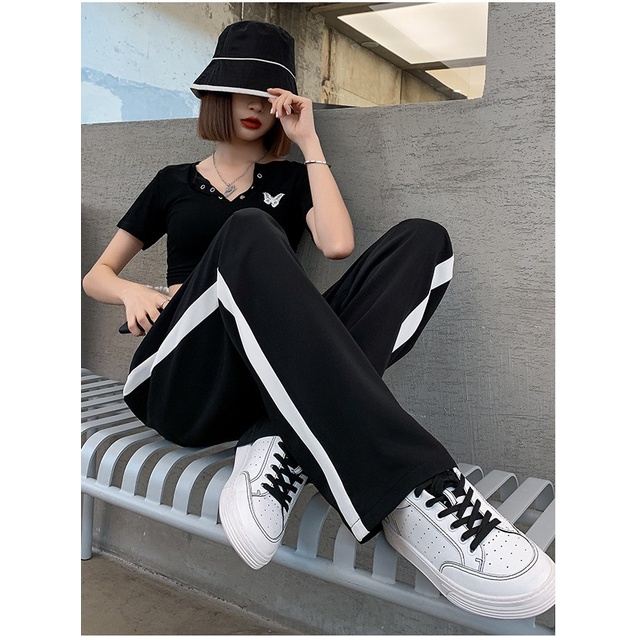 Quần nữ 1 sọc thể thao, quần nữ ống rộng chất cotton dày dặn cao cấp có dây rút eo hàng nhập khẩu SKUQ-24B