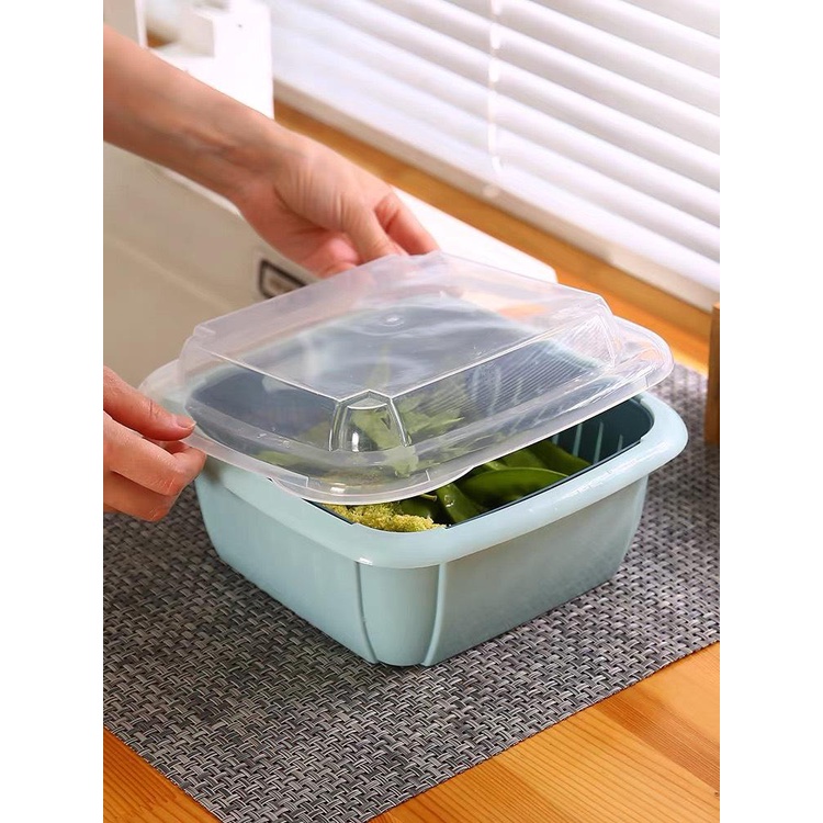 [FREESHIP] Bộ Rổ Kèm Chậu Có Nắp Đậy Kèm Lỗ Thoát Nước 3 Trong 1 Đựng Rau Trái Cây