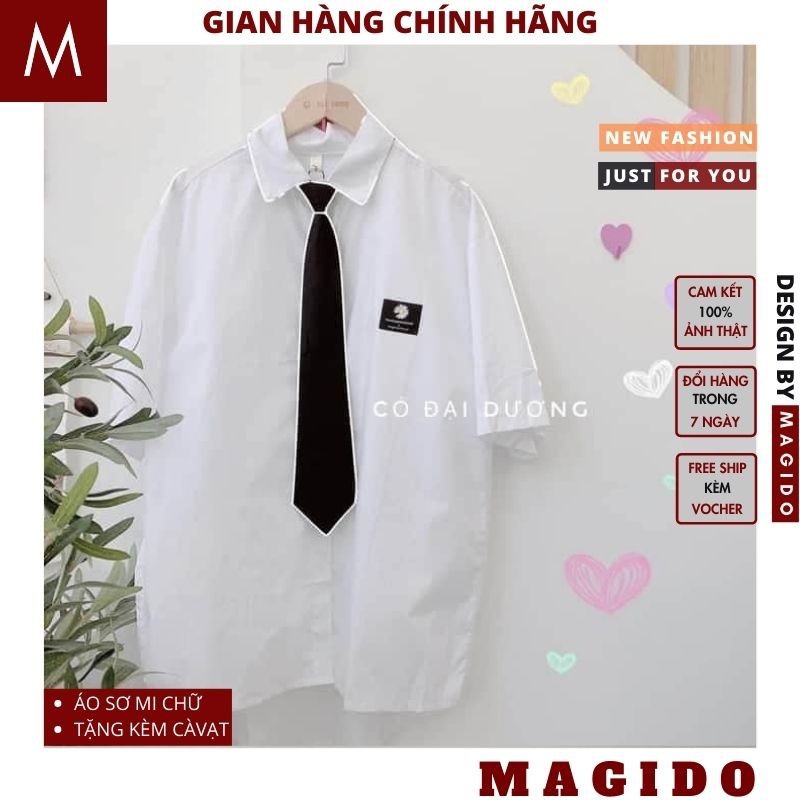 (QUÀ TẶNG LÀ DÂY BUỘC TÓC) áo sơ mi nữ kèm cà vạt 💚 áo sơ mi thêu hoa cúc, thêu gấu nữ trắng cực xinh, kèm cà vạt MAGIDO | BigBuy360 - bigbuy360.vn