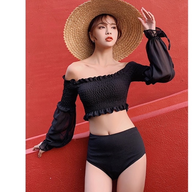 [BKN651] &lt;HÀN&gt; SET BIKINI TAY BỒNG ĐEN KIỂU HÀN (CẠP CAO)