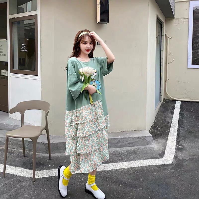 Đầm nữ xoè tone xanh ngọt ngào, phối hoa tầng xinh, váy rộng oversize, bầu bì mặc