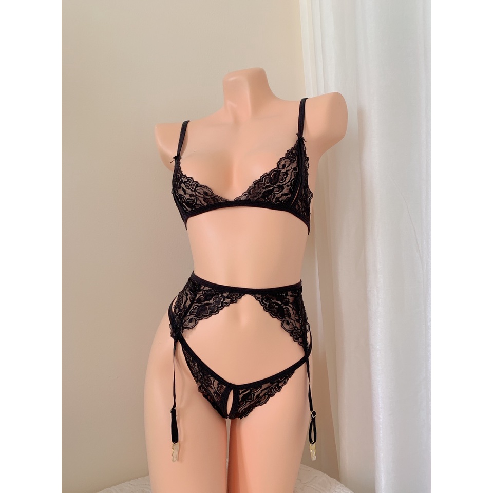 BK064  Set đồ lót phối ren xuyên thấu với quần lót lọt khe phong cách quyến rũ dành cho nữ  - KELLY WANG