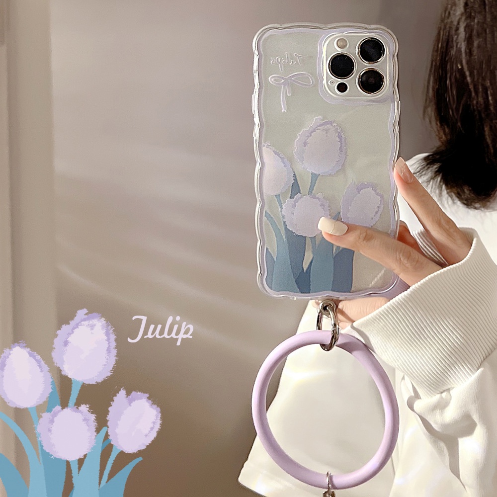 Ốp Điện Thoại Trong Suốt Họa Tiết Hoa Viền Gợn Sóng Kèm Giá Đỡ Nhẫn Cho Iphone 11 8 7 Plus SE2 XS XR 12 13 Mini PRO MAX