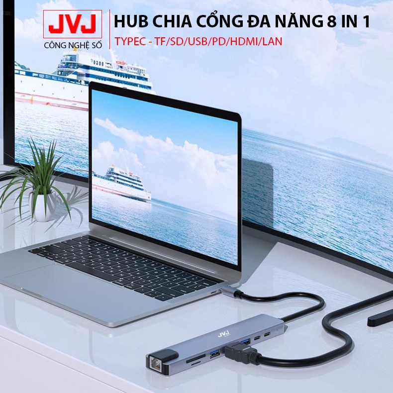 Hub Type C JVJ C8 đa năng 8 Cổng HDMI USB 3.0 SD TF LAN Gigabit RJ45 tốc độ truyền mạng 100Mbps-Bảo hành 24 Tháng