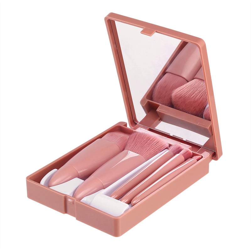 Bộ cọ trang điểm makeup cá nhân combo bộ 5 món kèm hộp gương màu hồng